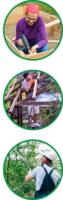 A woman is putting up fence walls using a drill A man is constructing a roof while standing on a ladder A man is trimming trees with a chainsaw while wearing protective gear, including a helmet and headphones