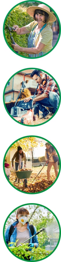 An older woman gardens while wearing a sunhat for protection A man fixes a lawnmower while gardening A family use a wheelbarrow to carry fallen leaves in the garden A woman sprays pesticide on her plants while wearing a mask for protection