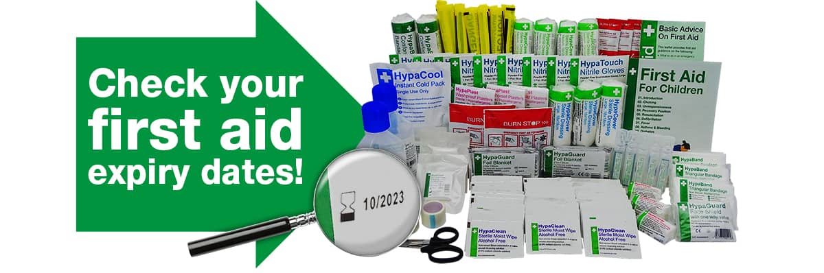 Image of expiry dates on first aid kit refill supplies, shown next to the egg-timer symbol. First aid items have expiry dates