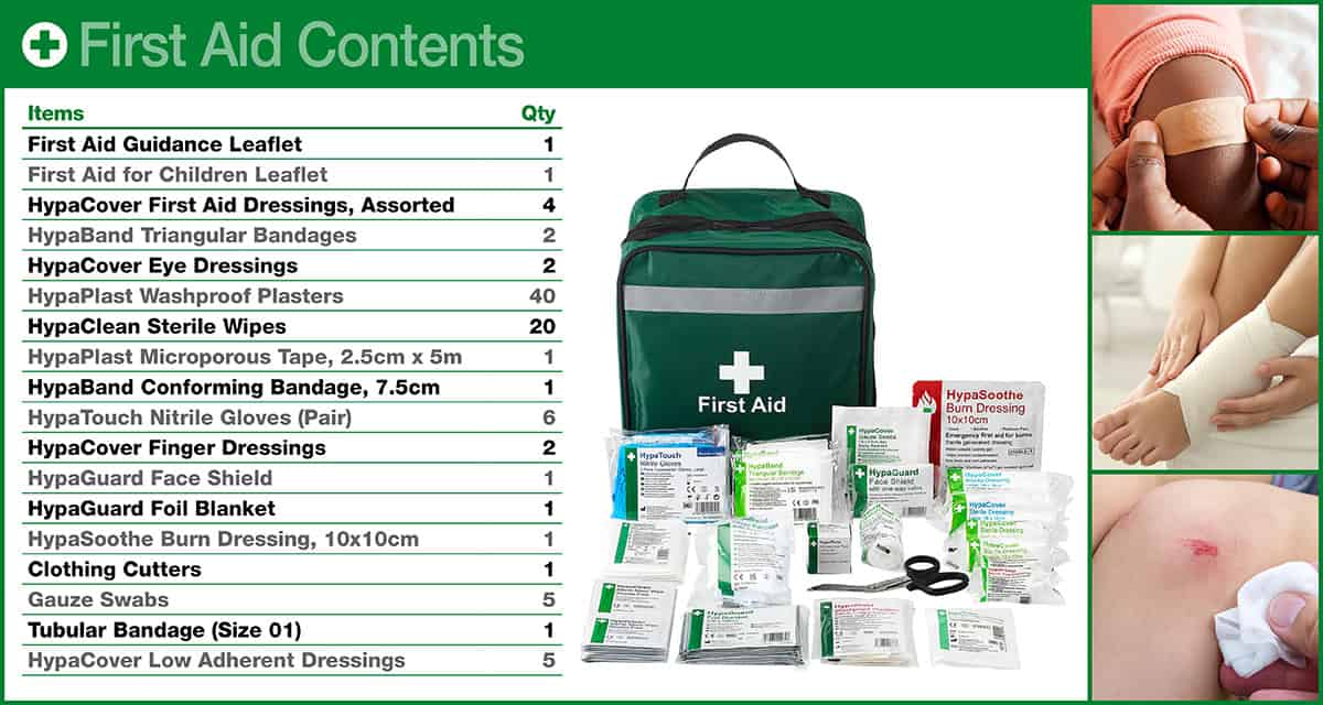 1 x First Aid Guidance Leaflet, 1 x First Aid for Children Leaflet, 4 x HypaCover First Aid Dressings, Assorted, 2 x HypaBand Triangular Bandages, 2 x HypaCover Eye Dressings, 40 x HypaPlast Washproof Plasters, 20 x HypaClean Sterile Wipes, 1 x HypaPlast Microporous Tape, 2.5cm x 5m, 1 x HypaBand Conforming Bandage, 7.5cm, 6x HypaTouch Nitrile Gloves (Pair), 2 x HypaCover Finger Dressings, 1 x HypaGuard Face Shield, 1 x HypaGuard Foil Blanket, 1 x HypaSoothe Burn Dressing, 10x10cm, 1 x CLothing Cutters, 5 x Gauze Swabs, 1 x Tubular Bandage (Size 01), 5 x HypaCover Low Adherent Dressings