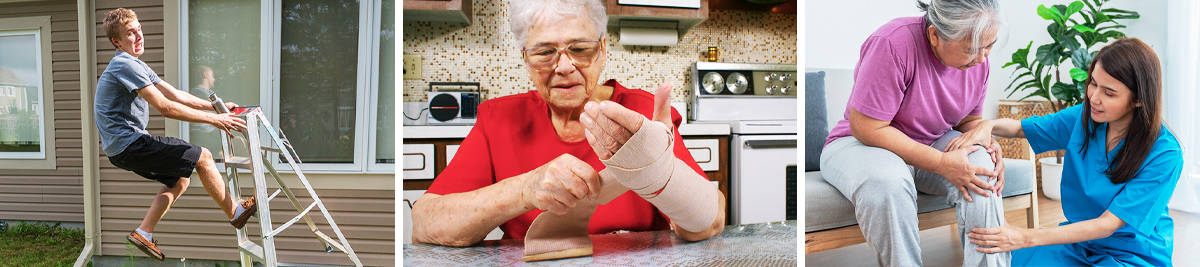 A man falling from a ladder in the garden; An old woman using a bandage on her hand; A patient in A&E