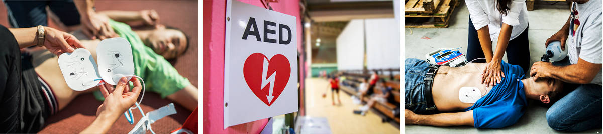 Someone viewing AED application instructions; An AED sign on a wall designating an AED, woman performing CPR using an AED