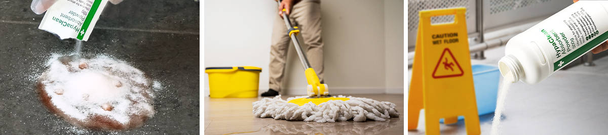 Hypaclean absorbent powder used to clean a spill; a spill being mopped’ absorbent powder being poured