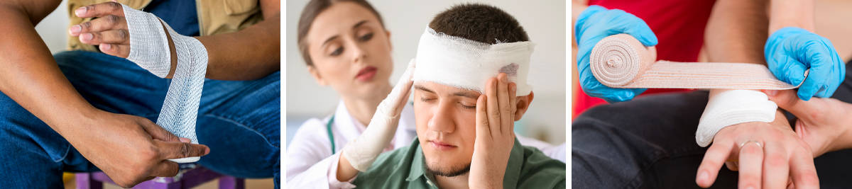 Wrapping wrist injury with bandage; wrapping head injury; using bandage to secure dressing in place