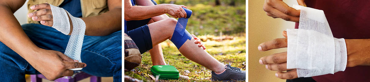 Someone applying a bandage to their hand; Someone using EAB tape on their knee; Someone securing a dressing with a bandage