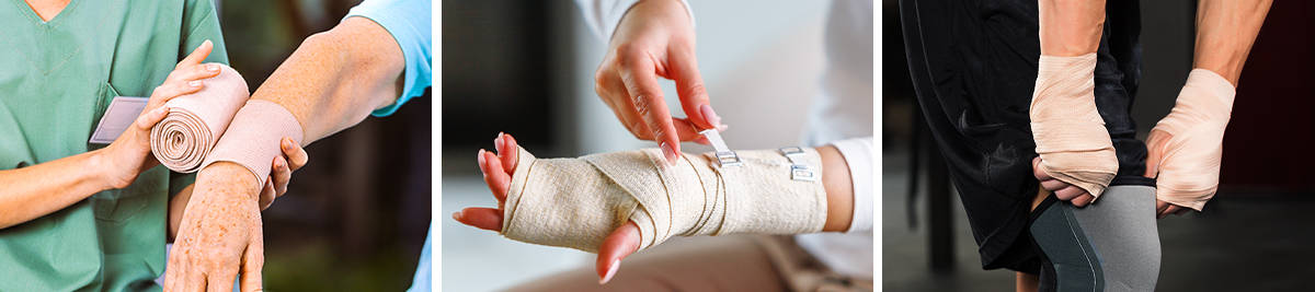Nurse applies crepe bandage; Woman wraps crepe bandage around wrist; Athelete wears crepe bandages