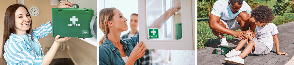 Woman with a first aid kit at home; woman checking her first aid cabinet; Father using a plaster on his child