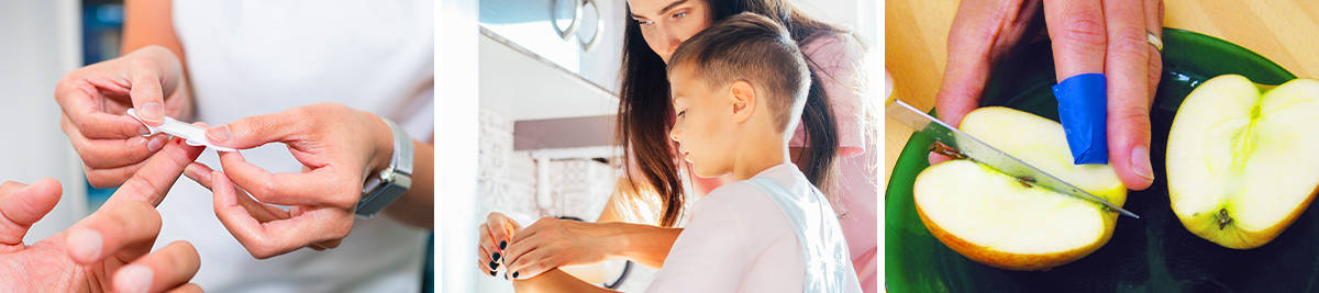Someone applying a finger plaster; mother applies a finger plaster to son; cooking with a finger plaster