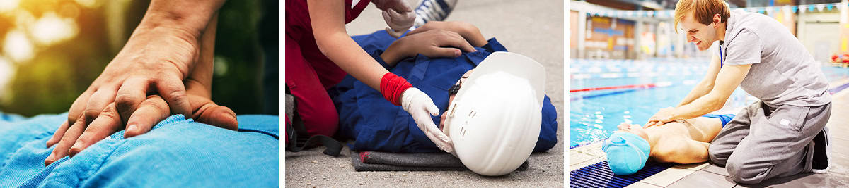 Emergency CPR on man; Work accident first aid; swimmer getting first aid