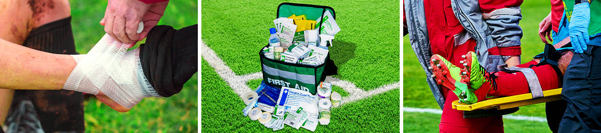 First aider applies bandage to player’s foot; Football first aid kit on pitch; Player carried off on stretcher