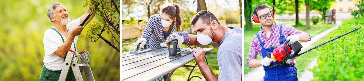 Old man on ladder trims tree; Man, woman sand table with power tools, masks; Man with goggles, headphones uses chainsaw