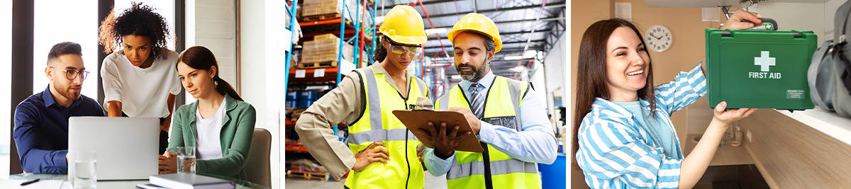 Office employees working; Warehouse employees discussing safety; Woman placing first aid kit on shelf