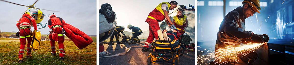Paramedics carrying a casualty in a harness; Traffic casualty being treated; Heavy industry engineer at risk of trauma