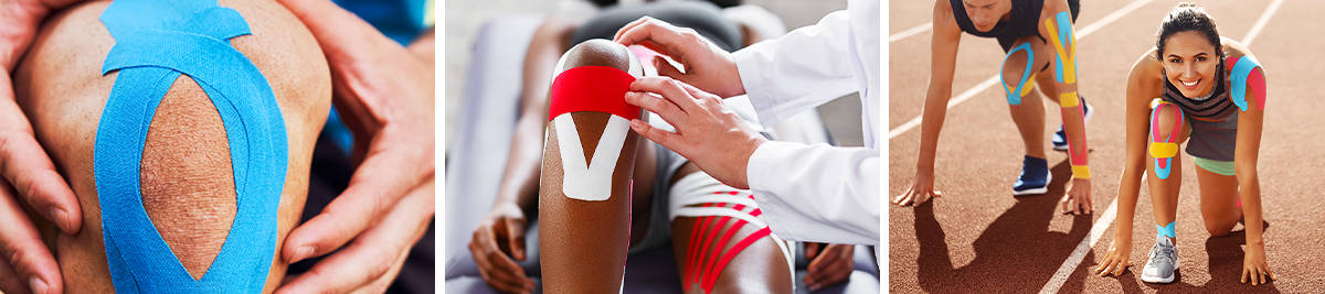Male runner with kinesiology tape on knee; Physiotherapist applying tape; Running couple kino tape