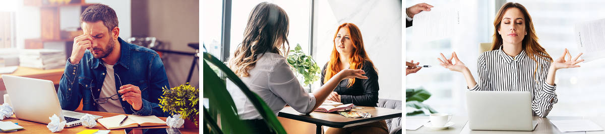 Man stressed while working from home; two female employees discuss mental health; woman meditates to relieve work stress