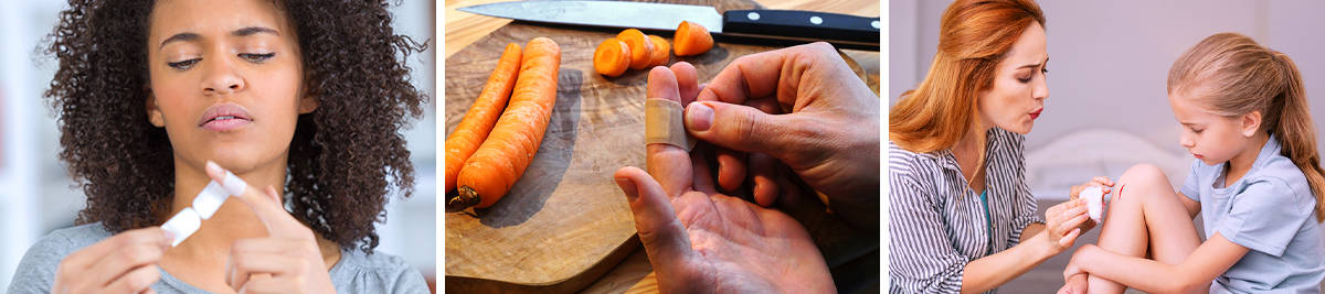 Woman applies a plaster to her finger; man applies plaster to finger while cooking; mother applies plaster to her daughter 