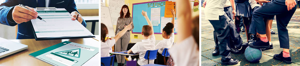 Someone filling out an accident form; A teacher instructing students in a classroom; Students playing on a playground