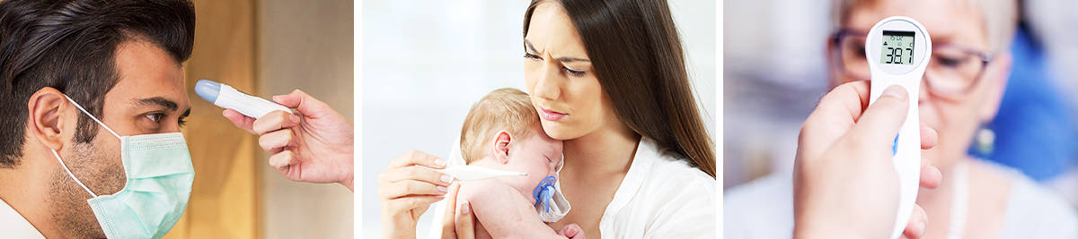 Measuring fever with a thermometer; Mother checking thermometer; Reading body temperature with a thermometer