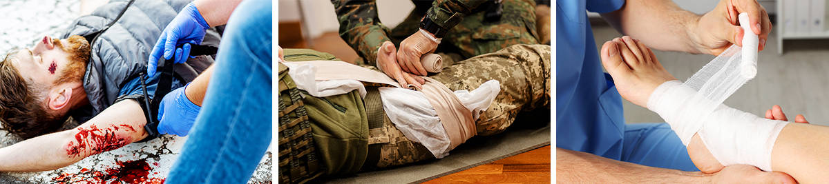 Using a trauma kit on an injured man; trauma first aid dressing training; doctor applying bandage to patient