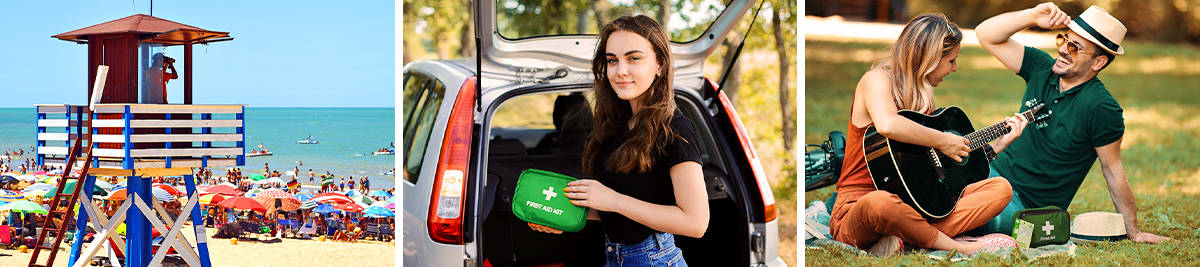 Tourists enjoy holiday on the beach; Woman puts travel first aid kit into her car; Couple enjoy picnic with first aid kit