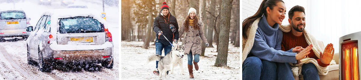 Cars driving in cold weather; Couple walking their dog in the snow; Couple keeping warm by the fireplace