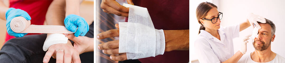 Nurse applying a dressing and bandage to a hand; Applying a burn dressing to a hand; Applying a soft eye dressing