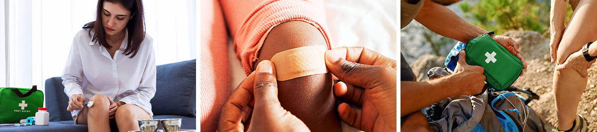 A woman cleans her wound; a mother applies a plaster to her child’s knee; Someone opens their first aid kit