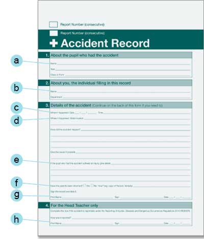 Pupil accident form includes details of injured pupil, details of person filling out form, details of accident and injury