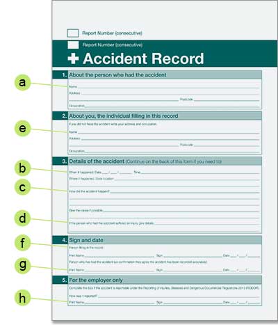 Accident form includes details of injured person, details of accident, Cause of injury, Details of person giving the notice
