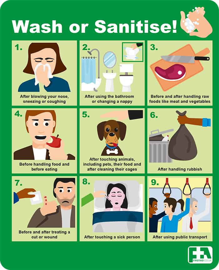 Infographic provides pictorial instructions on when to wash hands in order to avoid germs and viruses, such as cold and flu.
