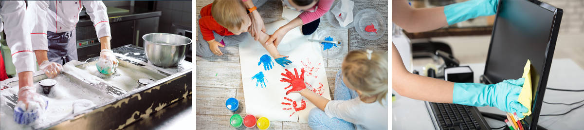 Avoid viruses workplace sanitisation banner	Chefs scrub down sink with lots of soap; adult helps two children to hand paint; person wearing gloves wipes down computer screen