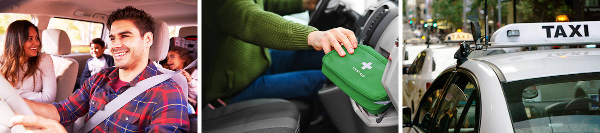 happy family driving in a car; person putting first aid kit into vehicle glove-box for safety; row of taxis in traffic