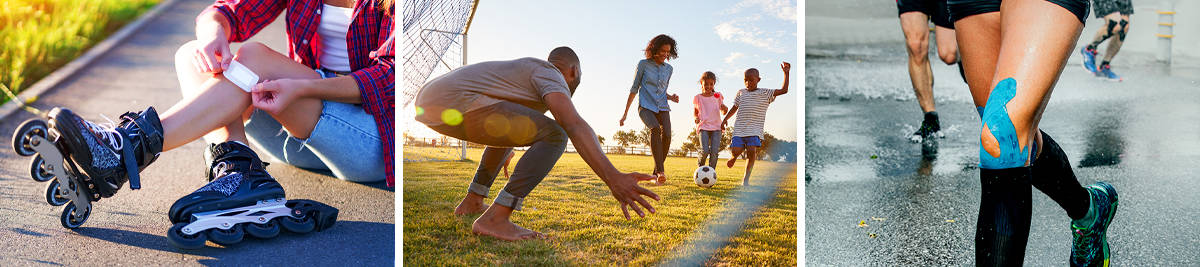 Three images: roller-skater puts plaster on wound after accident; family enjoy football sport; runner in rain uses kinesiology tape