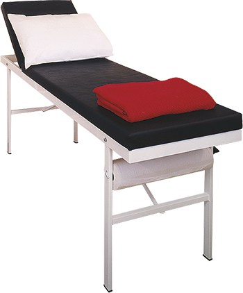 First aid couch: 77cm high with tilting head section and built-in roll dispenser; black upholstery and steel frame