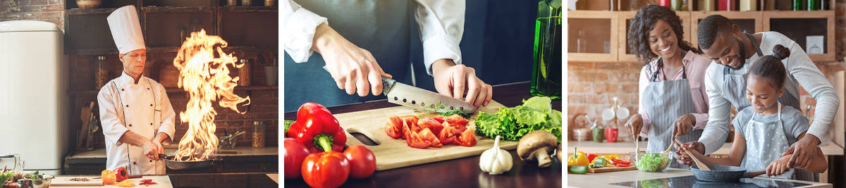 Chef in kitchen flambés food with high fire; person chops vegetables with sharp knife; family happily cook together in kitchen 