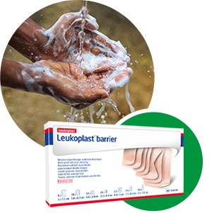 A person washes their hands in soapy water next to a box of Leukoplast barrier – waterproof plaster protect against bacteria