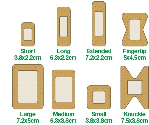 Plaster size guide: Fingertip 45x50mm; Knuckle 38x75mm; Short 22x38mm; Long 22x63mm; Extended 22x72mm; Small 38x38mm; Medium 38x63mm; Large 50x72mm