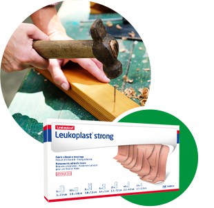 Person hammers a nail into some wood next to a box of Leukoplast strong – good plasters for high level of activity