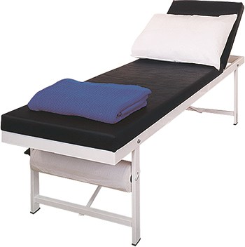 Low-level first aid couch: 40cm high with tilting head section and built-in roll dispenser; black upholstery and steel frame