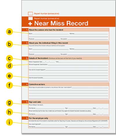 Near Miss form includes details of person who experienced incident, details of incident and details of corrective actions