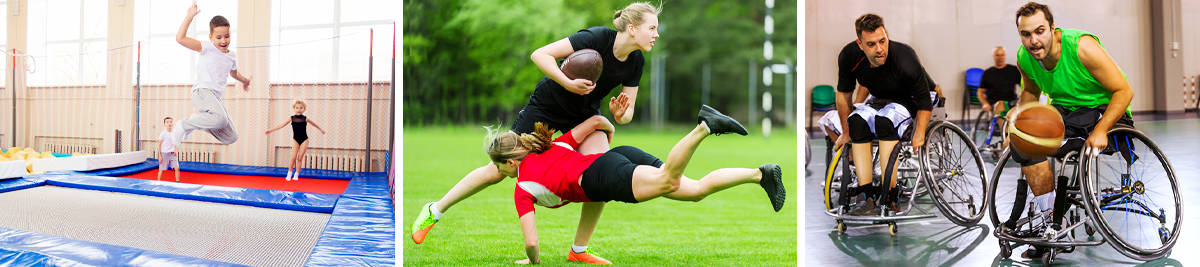 3 images: children jump on trampolines in a hall; one rugby player tackles another; wheelchair basketball players mid-play 