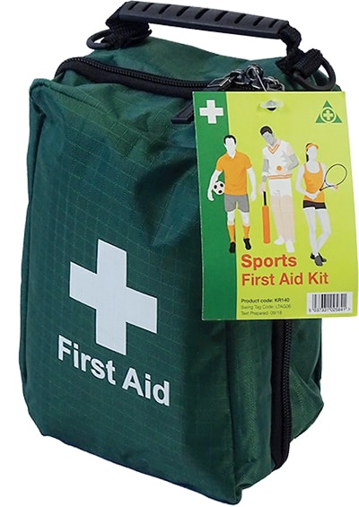 Comprehensive sports first aid kit contains essentials: dressings, plasters, eye wash, bandages, cold pack and CPR face shield 