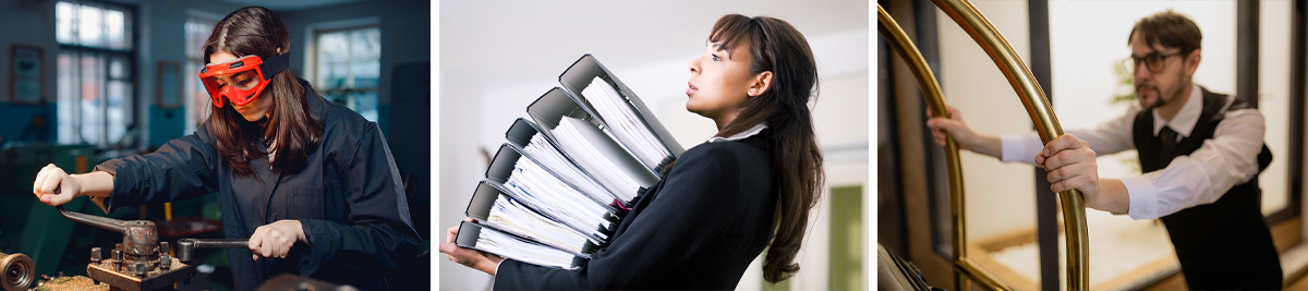 young woman in workshop using heavy machinery; young woman in office carrying folders; young man in hotel pushing luggage trolley.