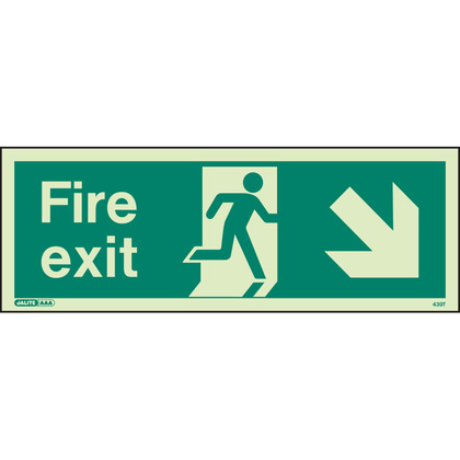 Glow In The Dark Fire Exit Arrow Down/Right Rigid Sign, 34x12cm