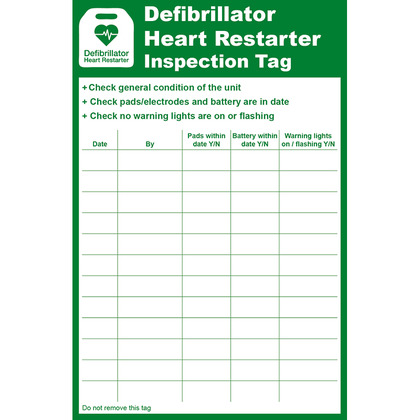 Defibrillator Heart Restarter (AED) Inspection Tag